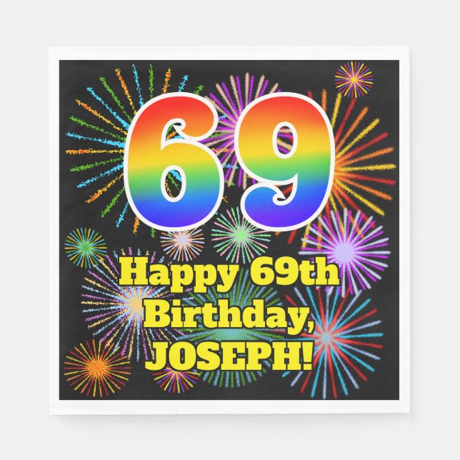 Serviette En Papier 69e anniversaire : Fun Fireworks Motif + Rainbow 6 (Devant)