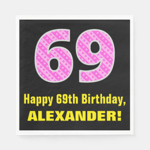 Serviette En Papier 69e anniversaire : Pink Stripes and Hearts "69" + 
