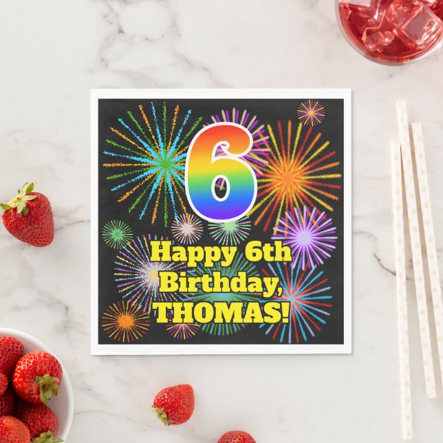 Serviette En Papier 6ème anniversaire : Fun Motif Fireworks + Rainbow  (En situation)
