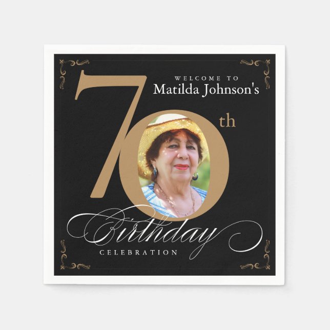 Serviette En Papier 70e anniversaire Calligraphie Elégante Black Gold  (Devant)
