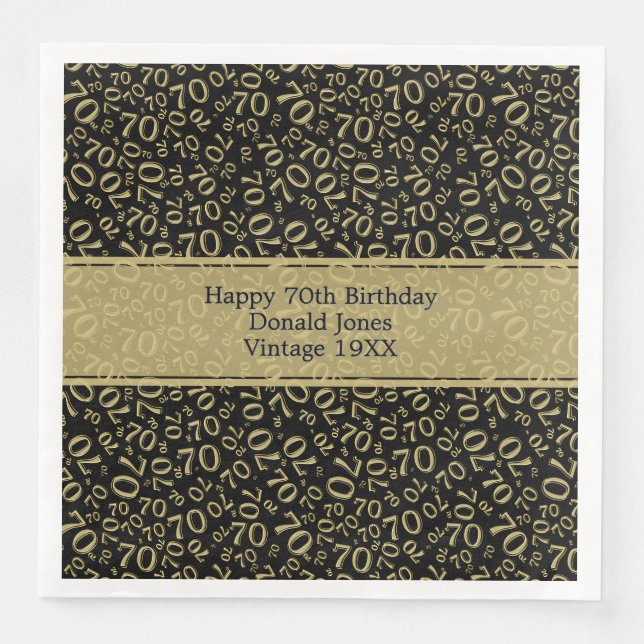 Serviette En Papier 70e anniversaire Cool Numéro Motif Or/Noir (Devant)