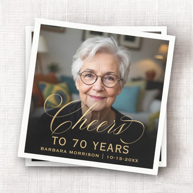 Serviette En Papier 70e anniversaire de fête Photo Gold Script Cheers (Créateur téléchargé)