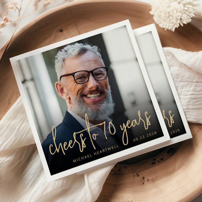 Serviette En Papier 70e anniversaire de la fête Photo Cheers Gold Scri (Créateur téléchargé)