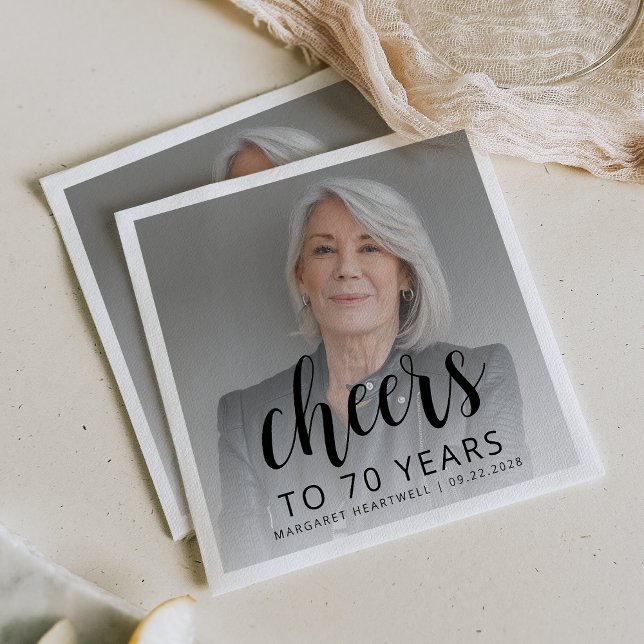 Serviette En Papier 70e anniversaire de la fête Photo Script noir (Créateur téléchargé)