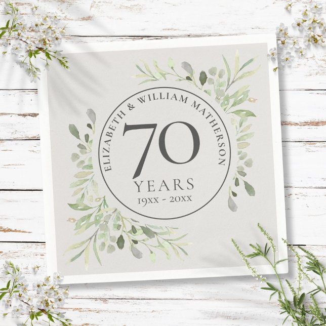 Serviette En Papier 70e Anniversaire de Mariage Vert feuillage de plat (70th Wedding Anniversary Platinum Greenery Napkins)