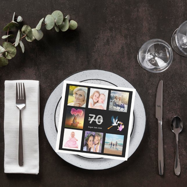 Serviette En Papier 70e anniversaire fête noir photo nom collage (Créateur téléchargé)