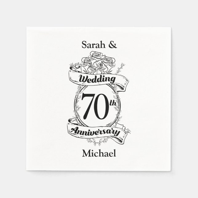 Serviette En Papier 70e anniversaire Mariage Fleurs Noir et blanc (Devant)