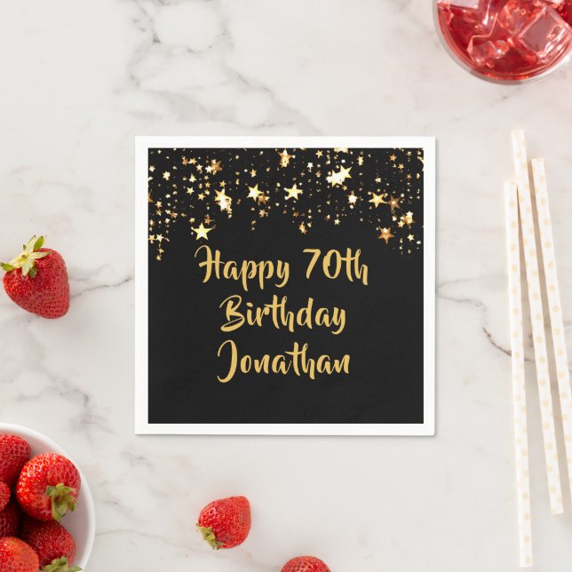 Serviette En Papier 70e anniversaire moderne Black Gold Stars Nom (En situation)
