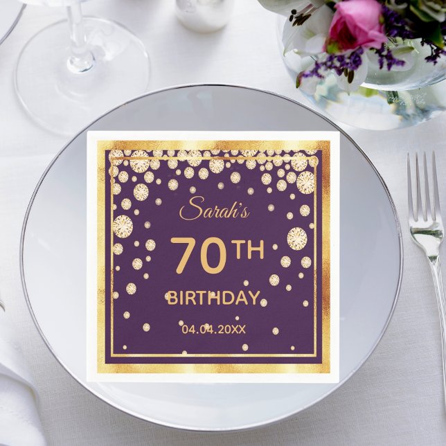 Serviette En Papier 70e anniversaire sur violet avec diamants d'or (Créateur téléchargé)