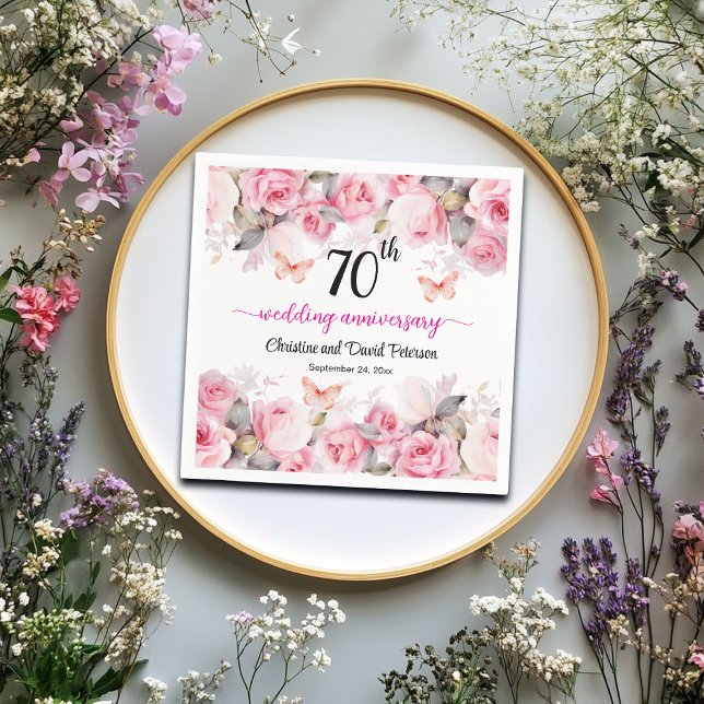 Serviette En Papier 70e Mariage Platinum Anniversaire Roses Blush (Créateur téléchargé)