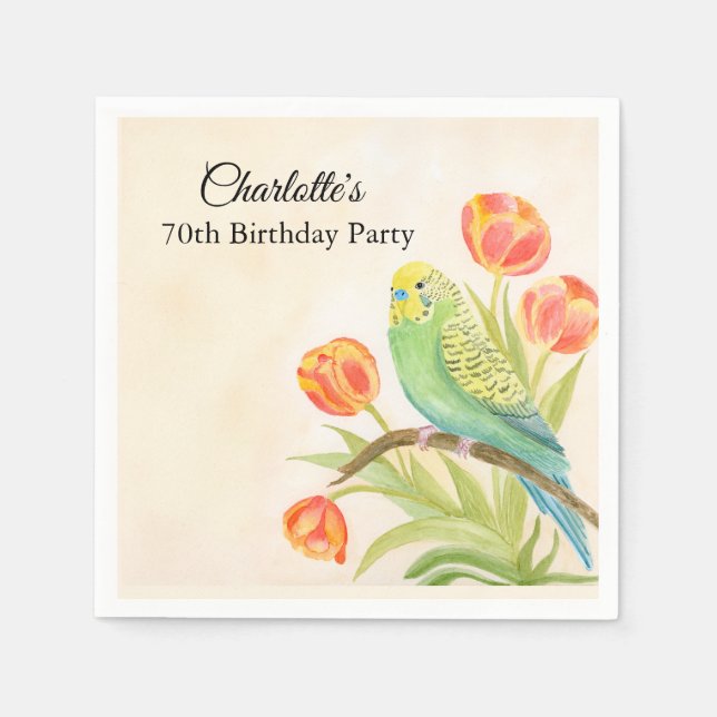 Serviette En Papier 70th Birthday Party Parakeet with Tulips  (Devant)