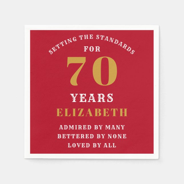 Serviette En Papier 70th Birthday Red And Gold Ajouter Votre Nom (Devant)