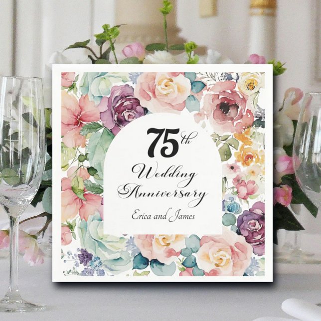 Serviette En Papier 75e anniversaire du Mariage Élégant script floral (Créateur téléchargé)