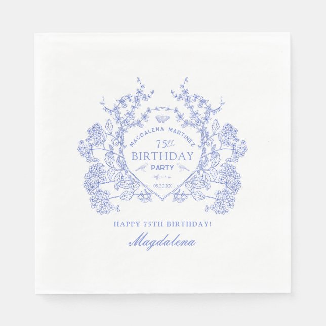 Serviette En Papier 75e anniversaire Français Blue Floral Crest Custom (Devant)