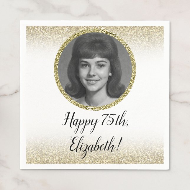 Serviette En Papier 75th Custom Photo White and Gold  (Créateur téléchargé)