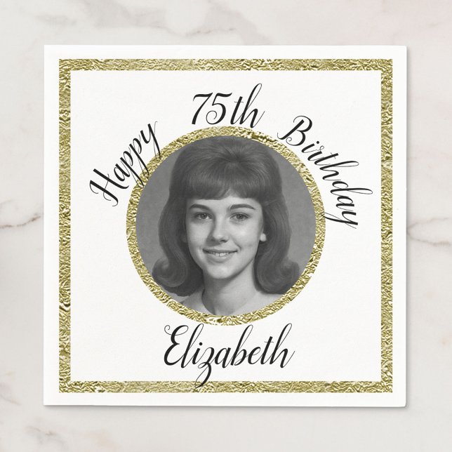 Serviette En Papier 75th Custom Photo White and Gold Birthday (Créateur téléchargé)