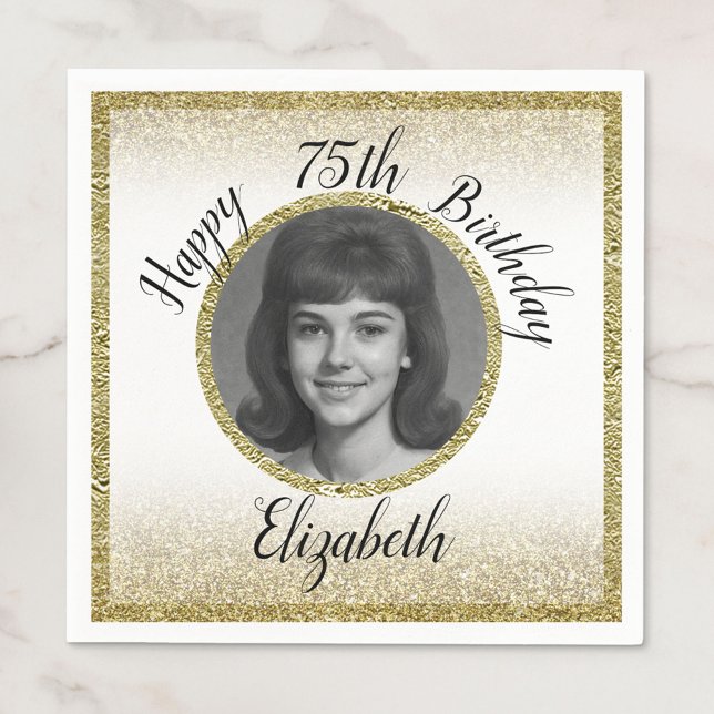 Serviette En Papier 75th Custom Photo White and Gold Birthday (Créateur téléchargé)
