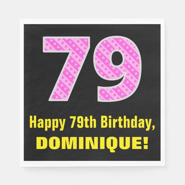 Serviette En Papier 79e anniversaire : Pink Stripes and Hearts "79" +  (Devant)