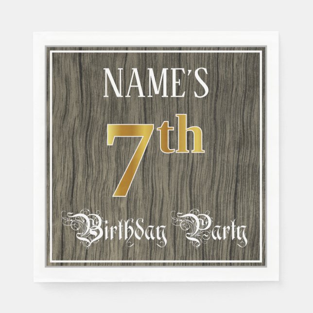 Serviette En Papier 7e fête d'anniversaire — Faux Gold & Faux Wood Loo (Devant)