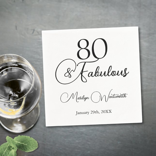 Serviette En Papier 80 ans et fabuleux 80e anniversaire noir Script  (Créateur téléchargé)