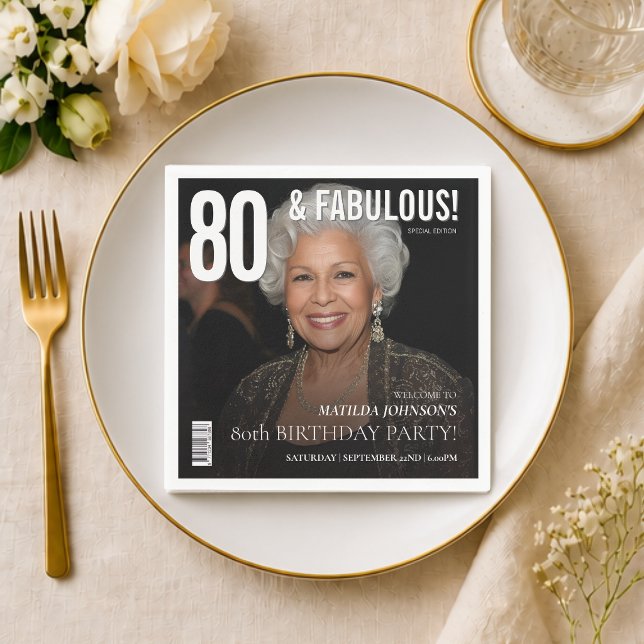 Serviette En Papier 80 ans Fabulux Couverture de Magazine pour 80e Ann (80 Fabulous Magazine Cover 80th Birthday Napkins)