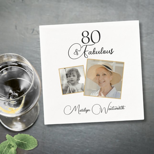 Serviette En Papier 80 et Fabuleux 80e Anniversaire Noir Script Photo (Créateur téléchargé)