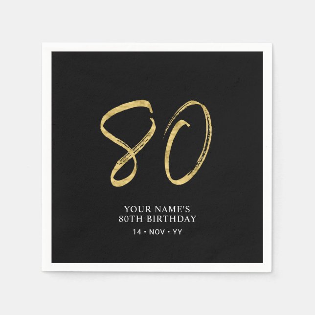 Serviette En Papier 80 | Gold & Black Lettering 80e anniversaire (Devant)