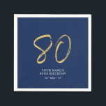 Serviette En Papier 80 | Gold & Navy Blue Lettering 80th Birthday<br><div class="desc">Cette simple serviette personnalisée ajoutera des détails élégants à votre fête du 80e anniversaire. Ce design présente des lettres "80" en or chic avec du texte personnalisé sur un arrière - plan bleu marine. Des invitations et des fournitures de fête correspondants sont disponibles dans ma boutique BaraBomDesign.</div>