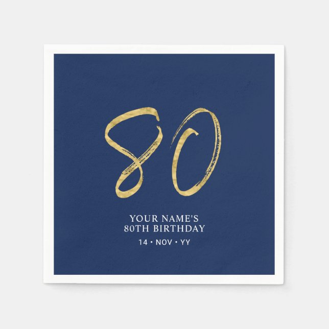Serviette En Papier 80 | Gold & Navy Blue Lettering 80th Birthday (Devant)