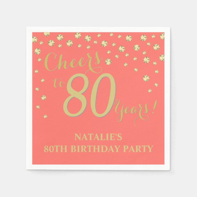 Serviette En Papier 80e anniversaire Coral et Diamant Or Napkins (Devant)