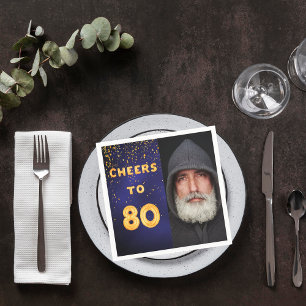 Serviette En Papier 80e anniversaire de fête photo ballons d'or bleu