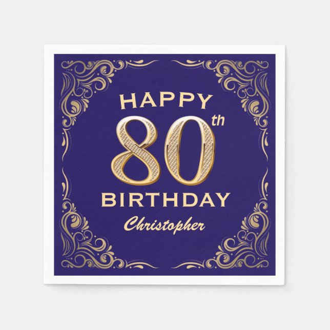 Serviette En Papier 80e anniversaire de la Parties scintillant marine  (Devant)