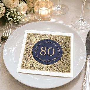 Serviette En Papier 80e anniversaire Elégant Vintage Gold Roses Marine