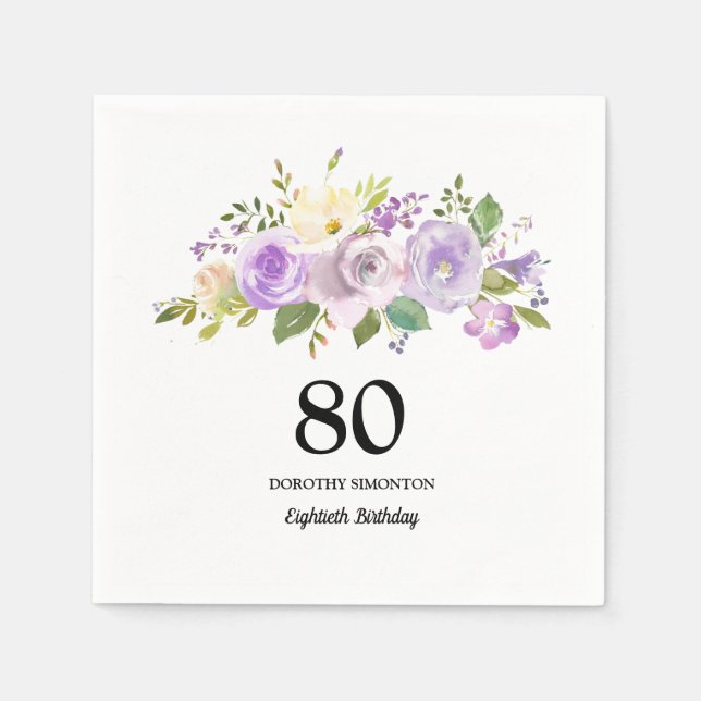 Serviette En Papier 80e anniversaire fête violet fleurs serviettes (Devant)