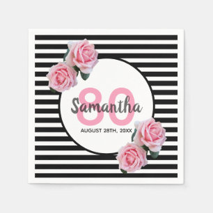 Serviette En Papier 80e anniversaire fleurs roses nom rayures noires