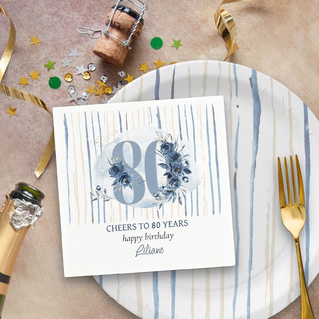 Serviette En Papier 80e anniversaire Floral Number Bleu côtier Bleu ba (80th Birthday Napkins from my Floral Number Milestone Birthday Collection)