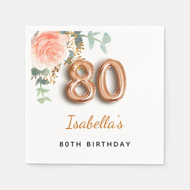 Serviette En Papier 80e anniversaire floral rose or eucalyptus monogra (Devant)