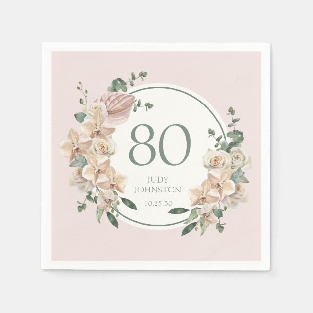 Serviette En Papier 80e Anniversaire Floral Tropical (Devant)