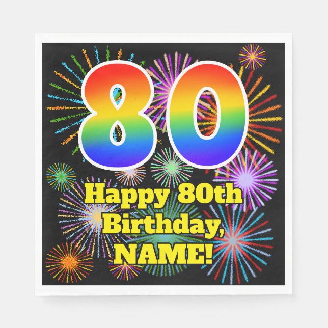 Serviette En Papier 80e anniversaire : Fun Motif Fireworks + Rainbow 8 (Devant)