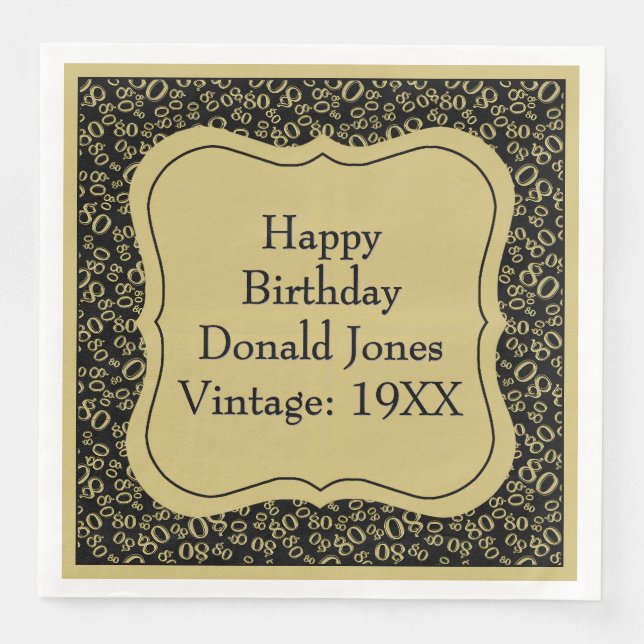 Serviette En Papier 80e anniversaire Gold/Noir Motif numéro de support (Devant)