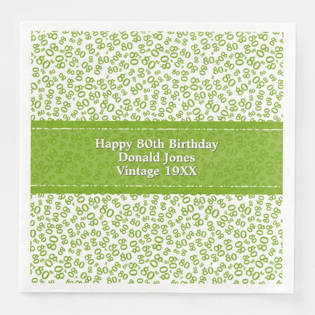 Serviette En Papier 80e anniversaire moderne Numéro Motif Vert/Blanc (Devant)