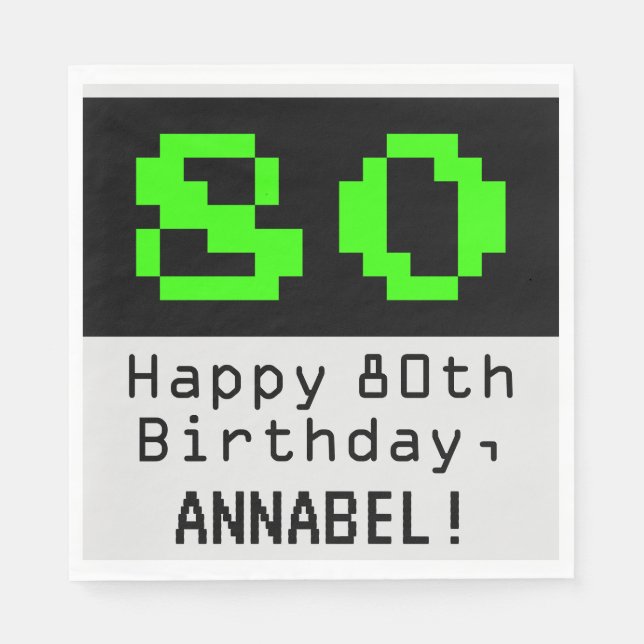 Serviette En Papier 80e anniversaire - Nerdy / Geeky Style "80" & Nom (Devant)