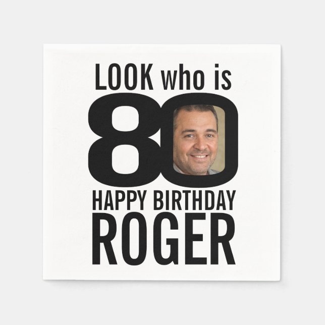Serviette En Papier 80e anniversaire noir look 80 photo personnalisée  (Devant)