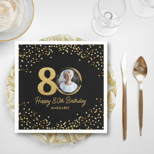Serviette En Papier 80e anniversaire Photo Elegant Black Gold Parties