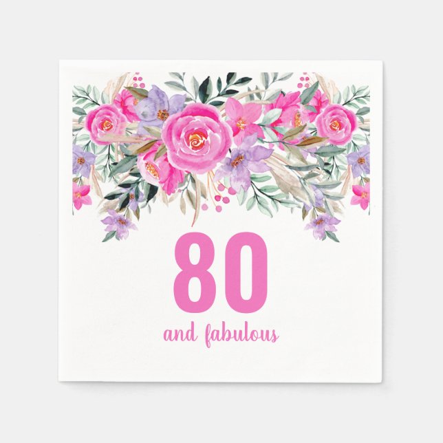 Serviette En Papier 80e anniversaire rose fleurie serviettes de fête (Devant)