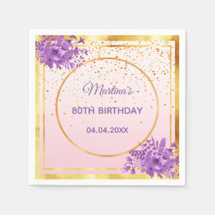 Serviette En Papier 80e anniversaire rose fleurs violet or