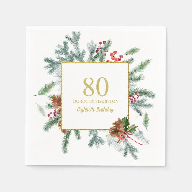 Serviette En Papier 80e anniversaire Rustic Winter Greenery Bow rouge (Devant)