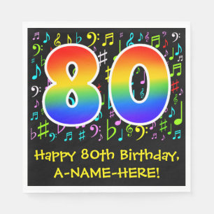 Serviette En Papier 80e anniversaire - Symboles de musique colorée, Ar
