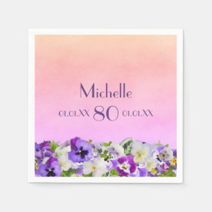 Serviette En Papier 80e anniversaire violet pansies fleurs pêche rose