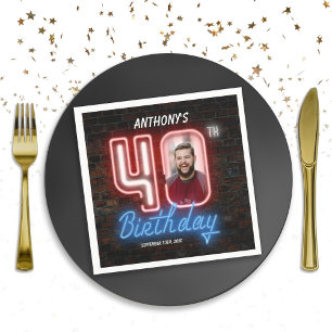 Serviette En Papier 80s Retro 40e Anniversaire Neon Signer Photo perso